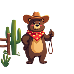 Cheerful cartoon cowboy bear wearing a hat and red bandana holding a lasso in a desert with cacti and hills