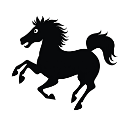 Black fantasy horse silhouette in mid-gallop with curly mane and playful cartoon style