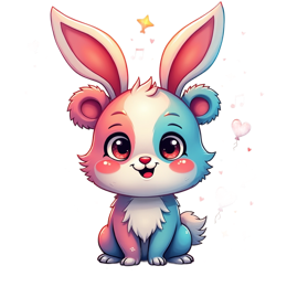 Cute cartoon bunny with pastel blue and pink fur surrounded by hearts and music notes in a festive scene