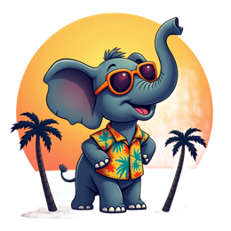Cartoon elephant wearing sunglasses and Hawaiian shirt on a tropical beach with palm trees and sunset