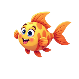Cheerful cartoon fish with bright orange body and blue eyes swimming in colorful underwater scene SVG