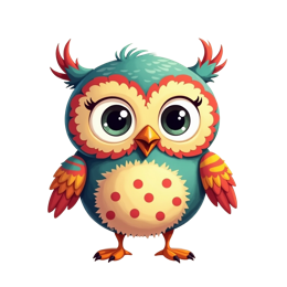 Colorful cartoon owl SVG with bright teal body, red feather tufts, polka dots, and vibrant wings on a simple beige background