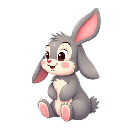 Cute cartoon gray rabbit with pink ears surrounded by colorful butterflies and flowers in a bright fantasy setting