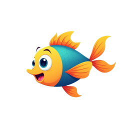 Cheerful cartoon fish with yellow face, teal body, orange fins, and bubbles in blue underwater scene SVG