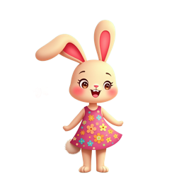 Cute cartoon rabbit wearing a pink flower dress with butterflies and colorful garden flowers in a bright fantasy style