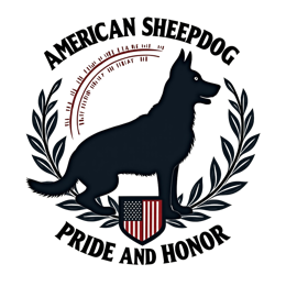 American Sheepdog black silhouette with laurel wreath and patriotic shield design