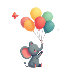 Cute cartoon elephant holding colorful balloons with butterflies and flowers in bright colors