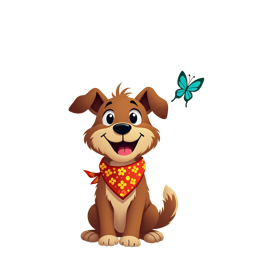 Happy dog cartoon with red bandana sitting in colorful nature scene with flowers and butterfly