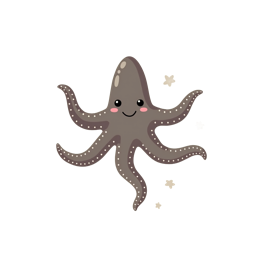 Cute cartoon octopus with soft gray body, pink cheeks, waving arms, and beige stars on cream background