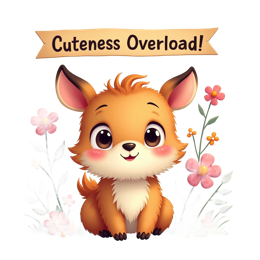 Cute cartoon fluffy orange fox with flowers and a 'Cuteness Overload!' banner in bright colors