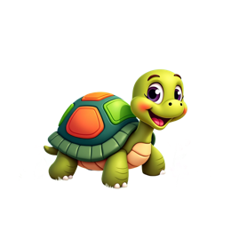 Cute cartoon turtle with colorful shell and flowers in a bright, cheerful garden setting