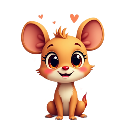 Cute cartoon mouse with orange fur and colorful hearts sitting on green grass with a soft beige background