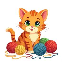 Cartoon orange kitten with green eyes playing with colorful yarn balls in a cute and playful design