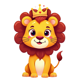 Cute cartoon lion with golden crown, hearts, and tropical leaves SVG design for kids crafts