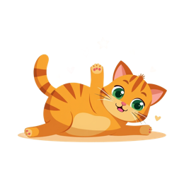 Cute cartoon orange cat lying on back with green eyes, pink paws, hearts, and stars on pale yellow background