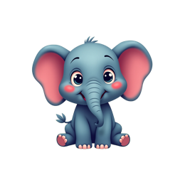 Cute cartoon blue elephant with pink ears sitting among colorful flowers and green grass in a nature scene SVG design