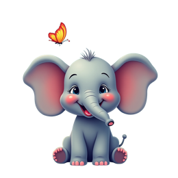 Cute cartoon elephant with pink cheeks sitting on grass with colorful flowers and a bright butterfly flying above