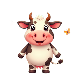 Cute cartoon cow with butterfly in colorful green field with flowers and blue sky SVG design