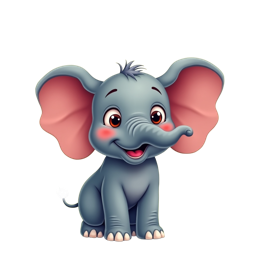 Cute cartoon elephant with pink ears surrounded by colorful flowers and butterflies in a playful nature scene