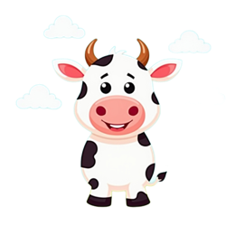 Cute cartoon cow with black spots, pink nose, surrounded by colorful flowers and a butterfly on a green hill with blue sky.