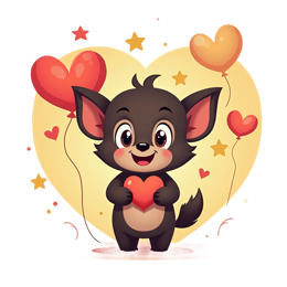Cute cartoon black puppy holding red heart with colorful balloons and stars on cream background SVG