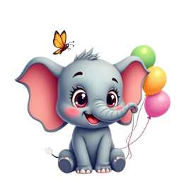 Cute cartoon baby elephant sitting on grass with colorful balloons and a bright orange butterfly