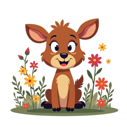 Cute cartoon deer sitting happily in a colorful flower field with bright flowers and green leaves