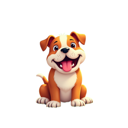 Cute cartoon dog with orange coat sitting happily in a sunny field with flowers and green hills