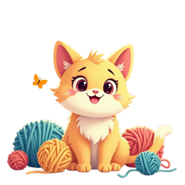 Cute cartoon orange cat with colorful yarn balls and butterfly in a cozy room SVG design