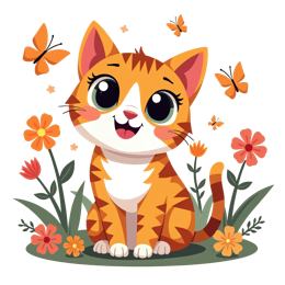 Cute orange tabby cat with butterflies and colorful flowers cartoon SVG design