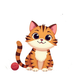 Cute cartoon orange striped cat with butterflies, flowers, and yarn balls in a bright nature setting