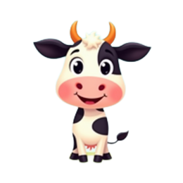 Cute cartoon cow with black and white spots standing on a green hill with colorful flowers and a bright blue sky