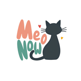 Cute black cat silhouette with colorful Meo Now text and hearts on pastel background