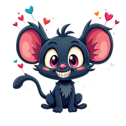 Cute cartoon mouse with big pink ears sitting on grass with candies, hearts, and a star flower illustration