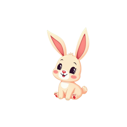 Cute cartoon bunny sitting on grass with colorful spring flowers and a rainbow background SVG design