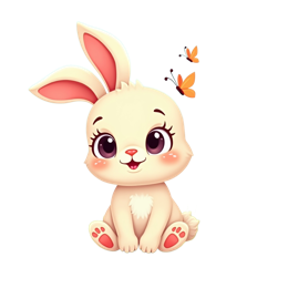 Cute cartoon bunny with butterflies and colorful flowers in a bright garden scene