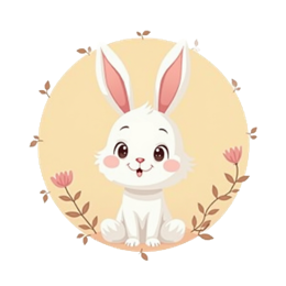 Cute cartoon white bunny with pink ears and flowers in soft colors, cheerful and playful design for kids crafts