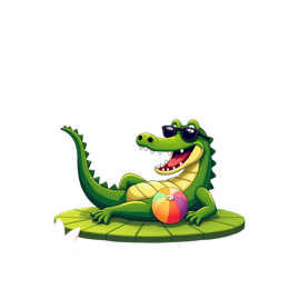 Cartoon crocodile SVG with happy alligator on lily pad and colorful beach ball in pond