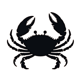 Black crab silhouette with large claws on bright orange background, simple and bold marine animal graphic