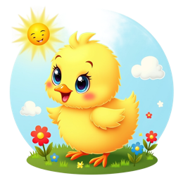 Cute cartoon baby chick standing on grass with smiling sun, colorful flowers, and fluffy clouds in bright cheerful colors