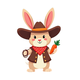 Cute cartoon cowboy bunny holding carrot and rope in desert with cacti and blue sky