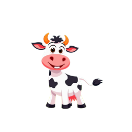 Cheerful cartoon cow with orange horns standing on grassy field with red barn and colorful flowers in background