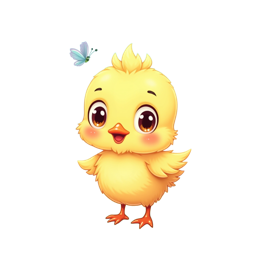 Cute yellow chick cartoon with butterflies, flowers, and rainbow in a bright spring garden scene