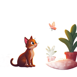 Animated cat watching orange butterfly indoors with green plants and cozy window scene SVG