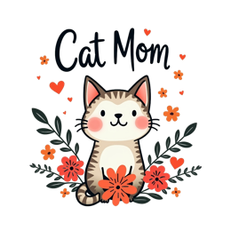 Cat Mom SVG design with cute cartoon cat, colorful flowers, hearts, and bold text on white background