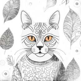 Artistic stylized cat SVG with bright orange eyes, black and white line patterns, and leaf shapes on black background