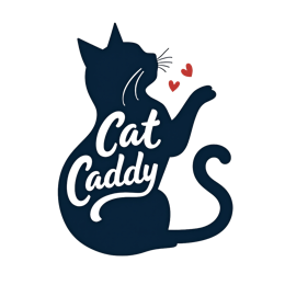 Playful navy blue cat silhouette with red love hearts and white Cat Caddy text on off-white background