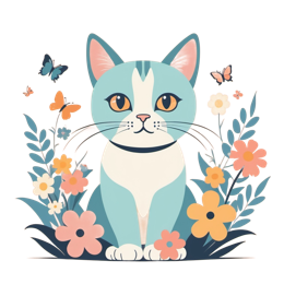 Cartoon blue cat with colorful flowers and butterflies on pastel pink background SVG design