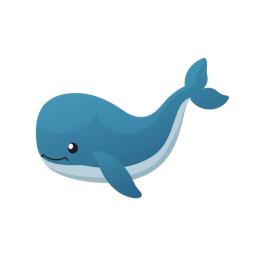 Bright blue cartoon whale with a friendly smile and rounded body on a light background