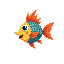 Bright cartoon fish with yellow body, orange fins, blue scales, and bubbles in underwater scene